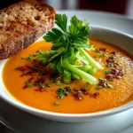Freshly prepared carrot and celery soup in a white bowl