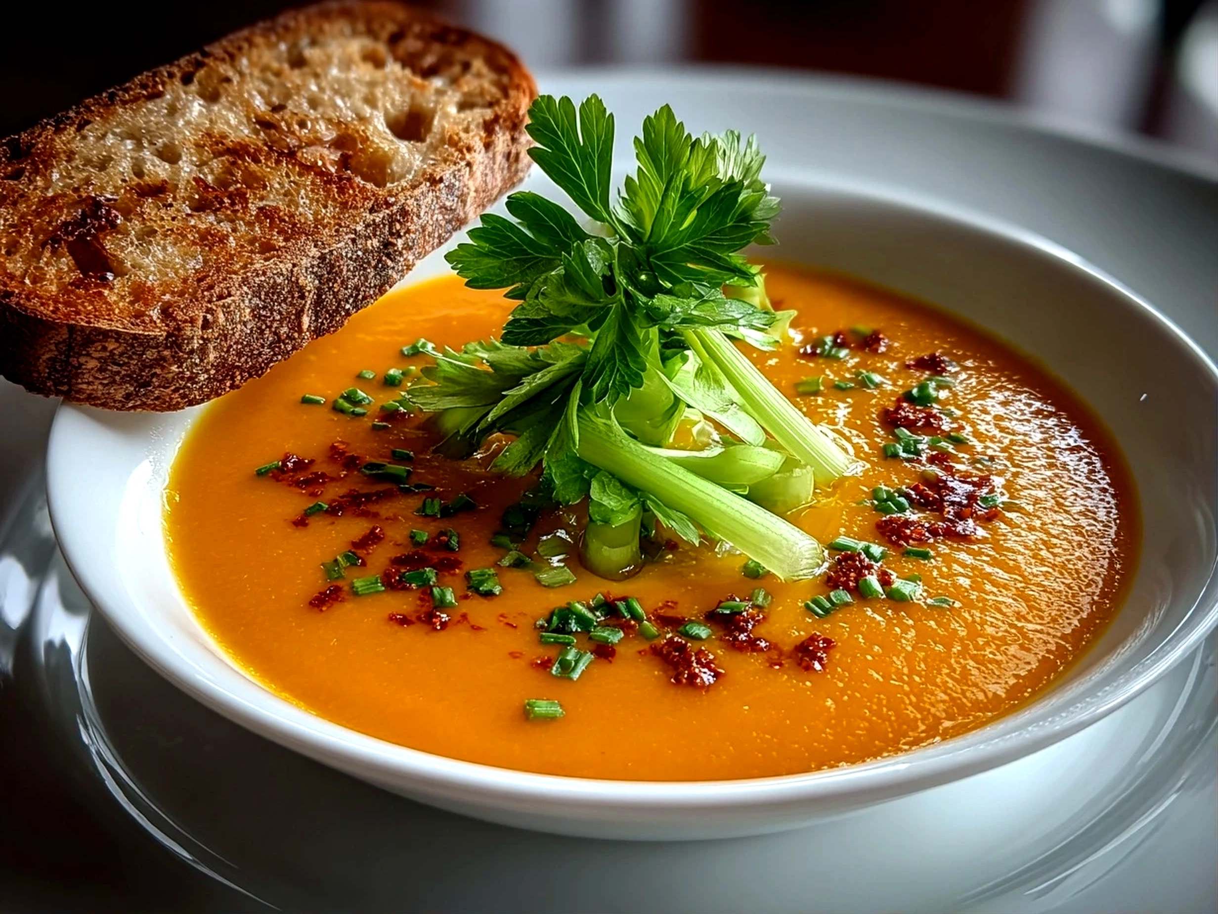 Freshly prepared carrot and celery soup in a white bowl