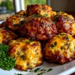 Freshly prepared Cheddar Bay Sausage Balls plated close-up