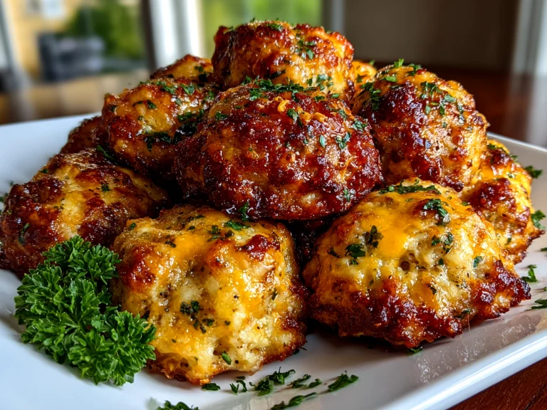 Freshly prepared Cheddar Bay Sausage Balls plated close-up