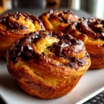 Freshly prepared Chocolate Chip Sourdough Cruffins on white plate
