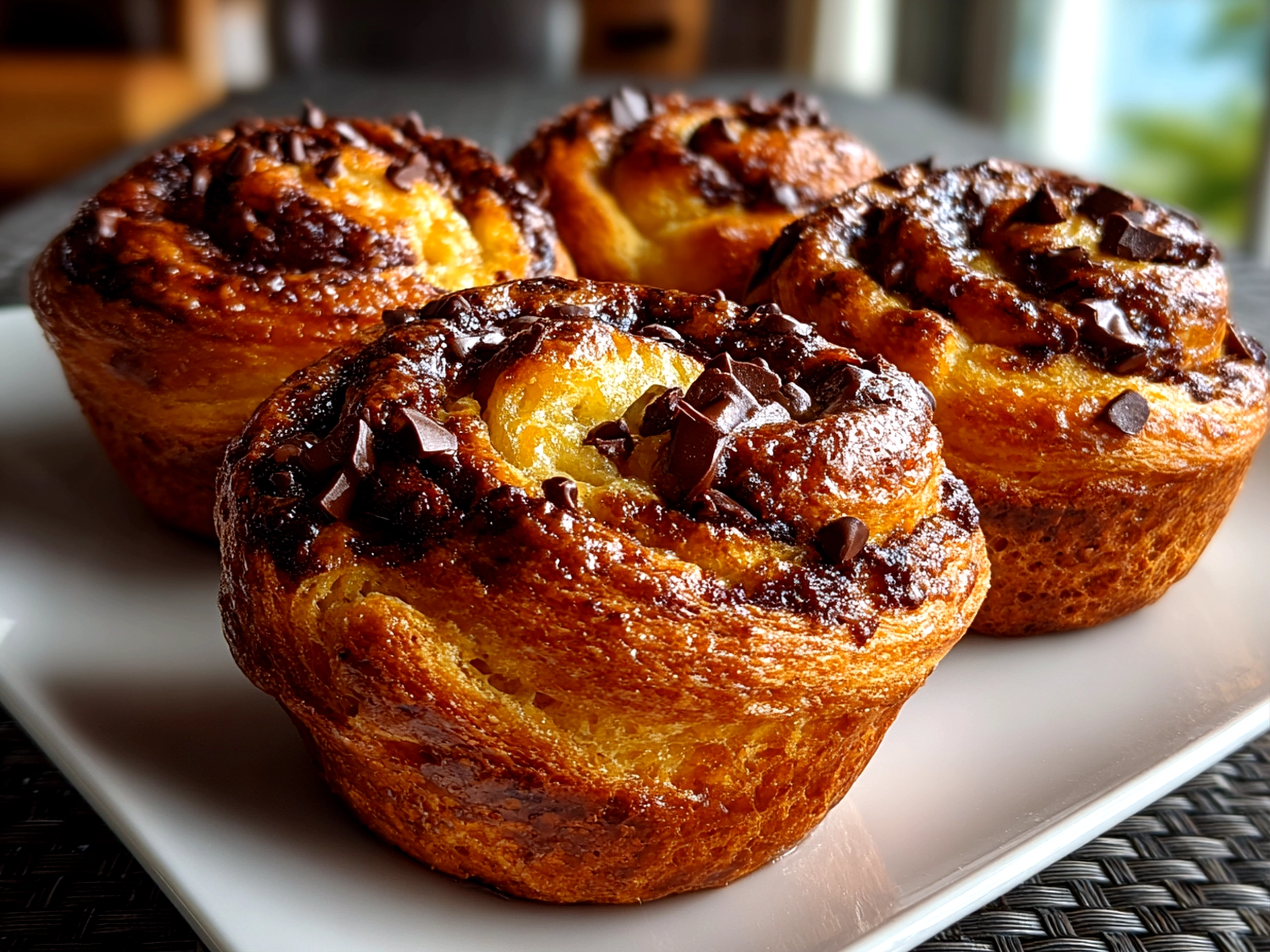 Freshly prepared Chocolate Chip Sourdough Cruffins on white plate