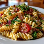 Freshly prepared Cowboy Pasta Salad on white plate