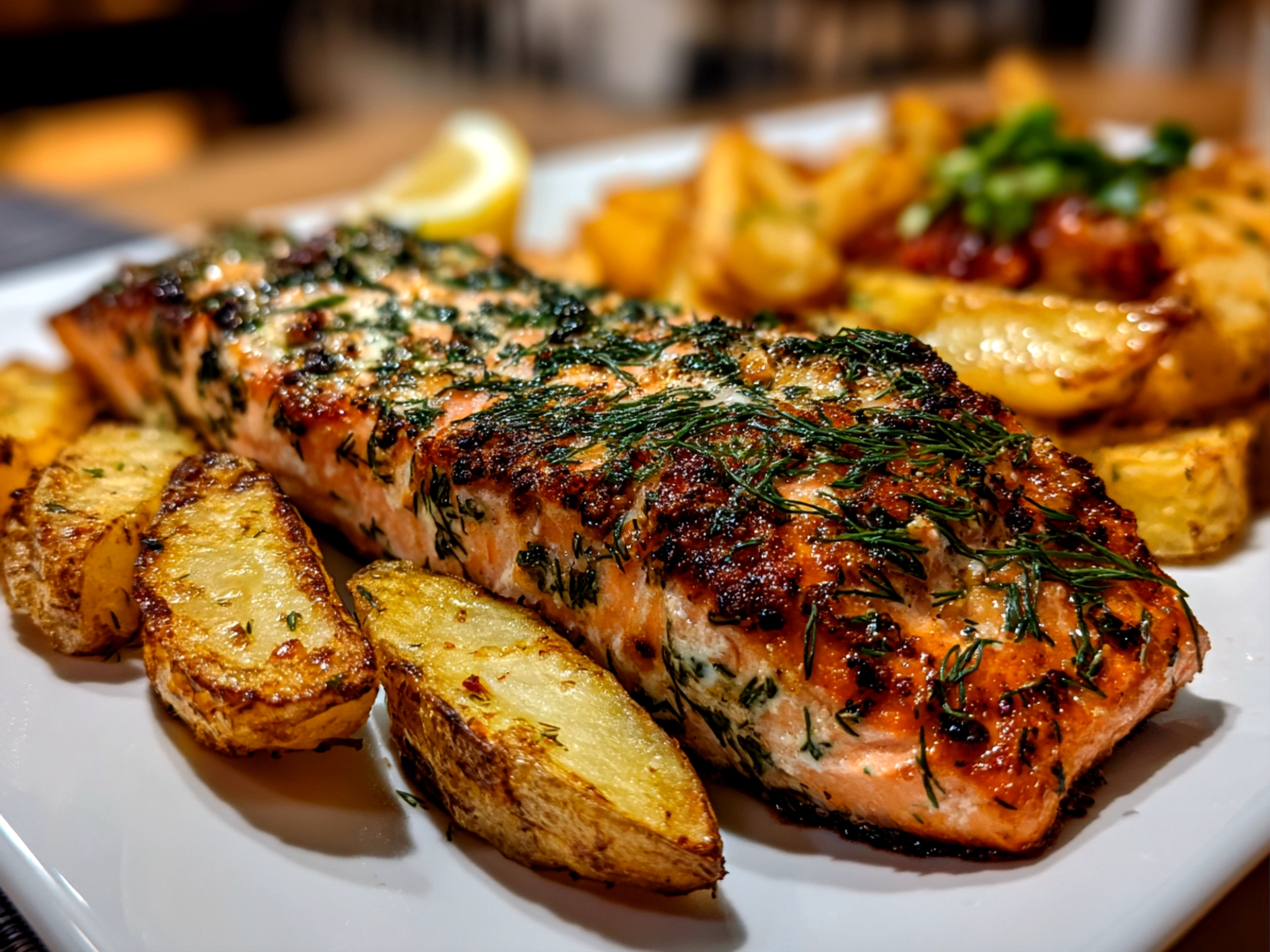 Freshly prepared dill salmon with crispy potato wedges
