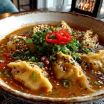 Freshly prepared Dumpling Ramen Bowl served in white ceramic bowl