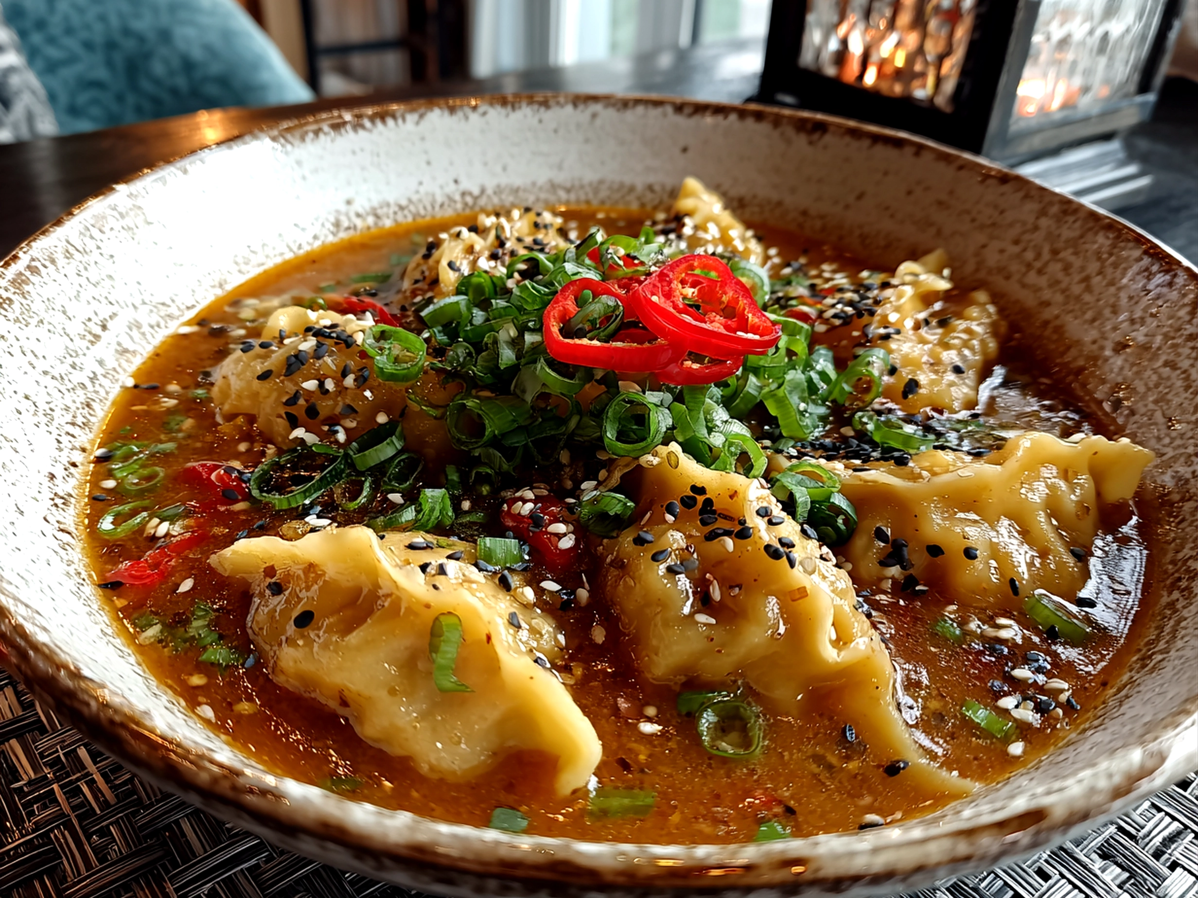 Freshly prepared Dumpling Ramen Bowl served in white ceramic bowl