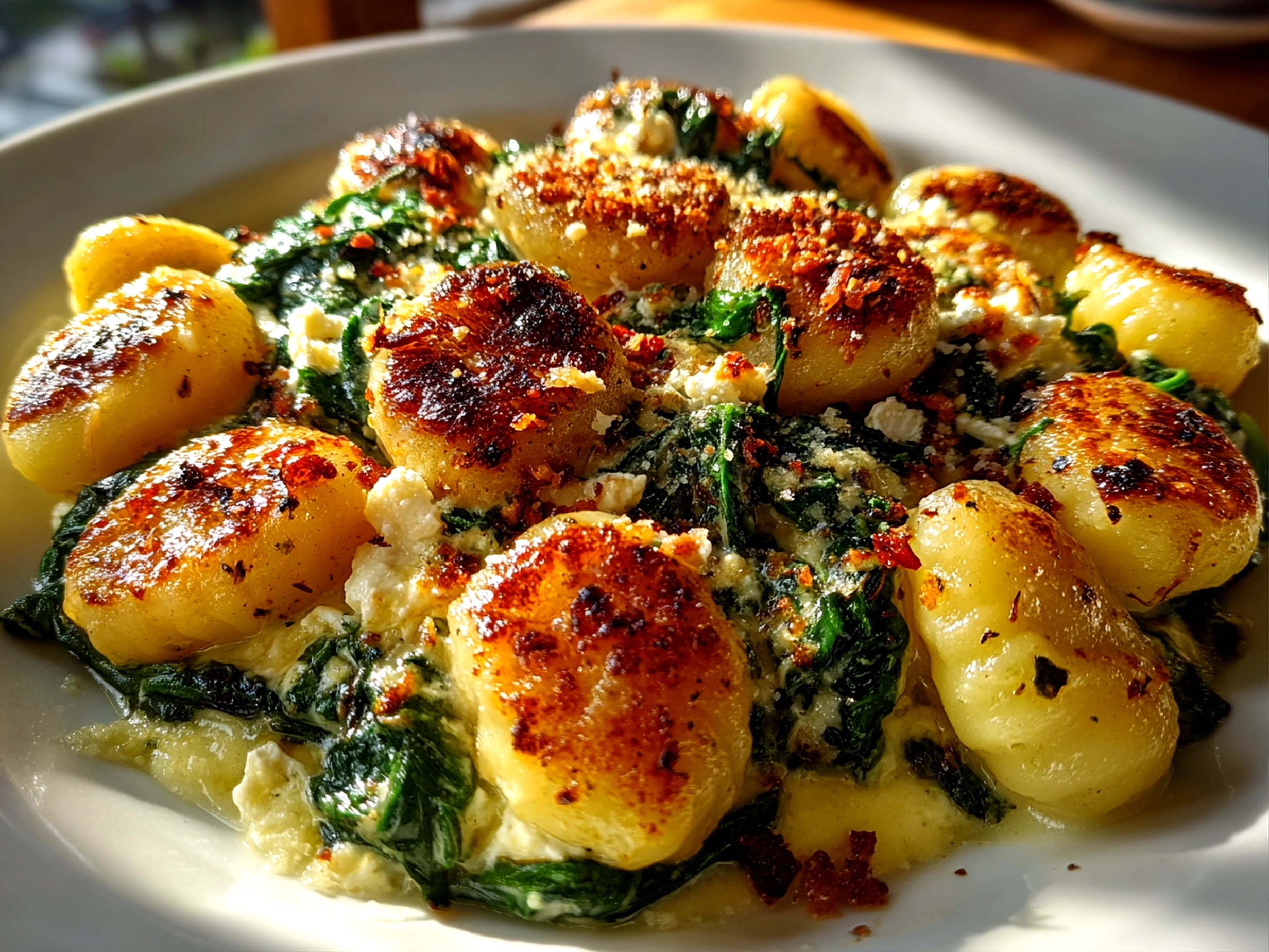 Freshly prepared Gnocchi with Spinach and Feta on white plate