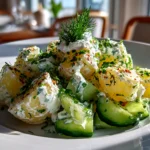 Freshly prepared Greek yogurt potato salad with cucumbers