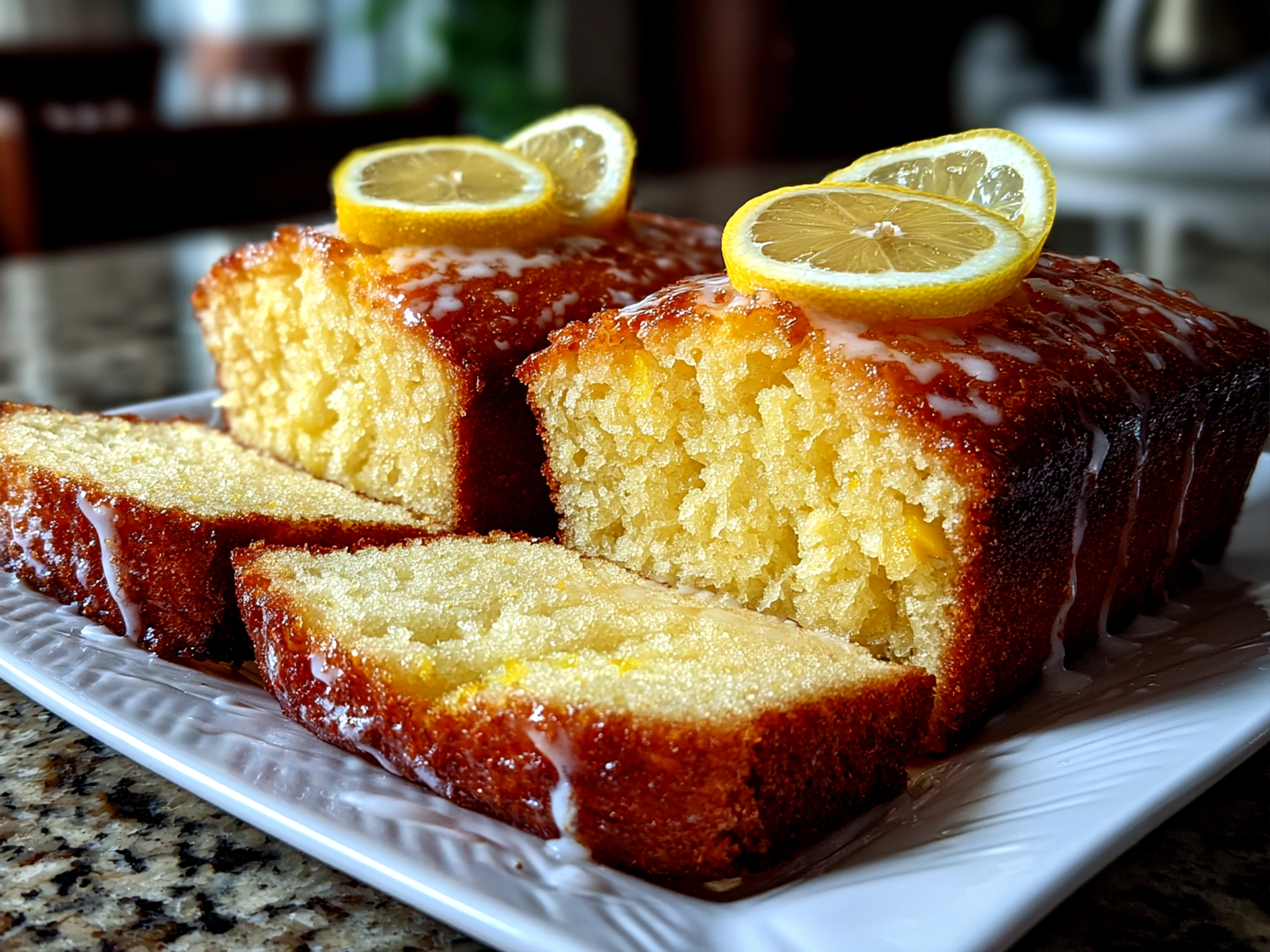 Freshly prepared Lemon Loaf on white plate