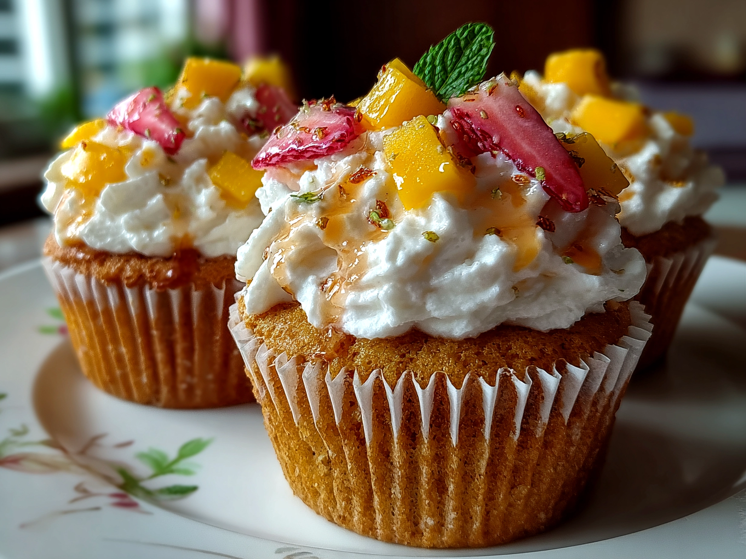 Freshly prepared Mango Strawberry Cupcakes with vibrant colors