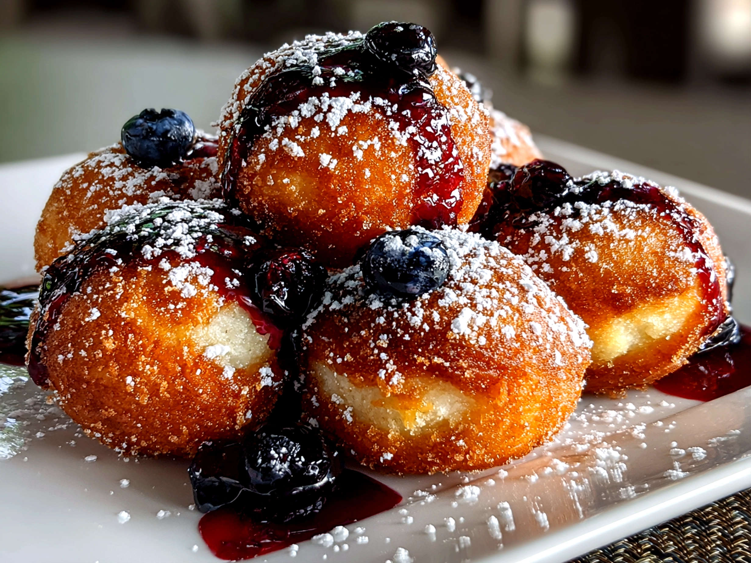 Freshly prepared Maple Blueberry Sourdough Donut Holes on white plate