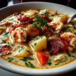 Freshly prepared Nova Scotia Seafood Chowder served in a white bowl