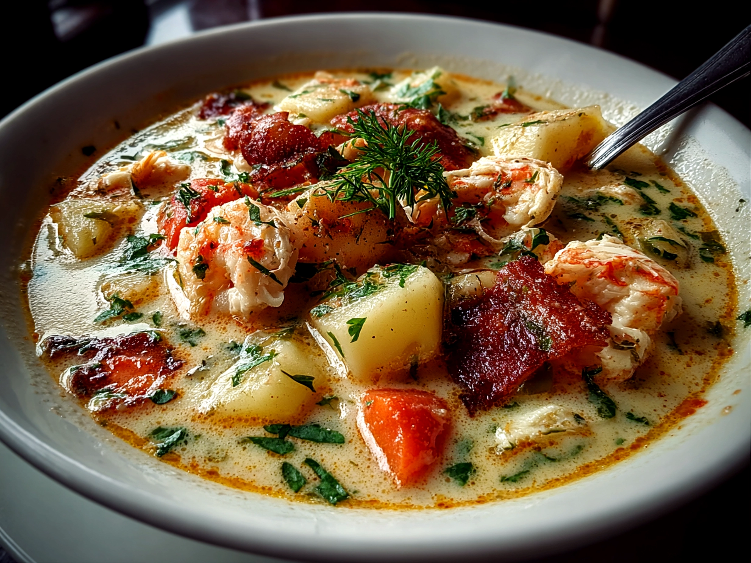 Freshly prepared Nova Scotia Seafood Chowder served in a white bowl