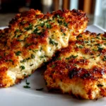 Freshly prepared Parmesan crusted chicken sheet pan on white plate