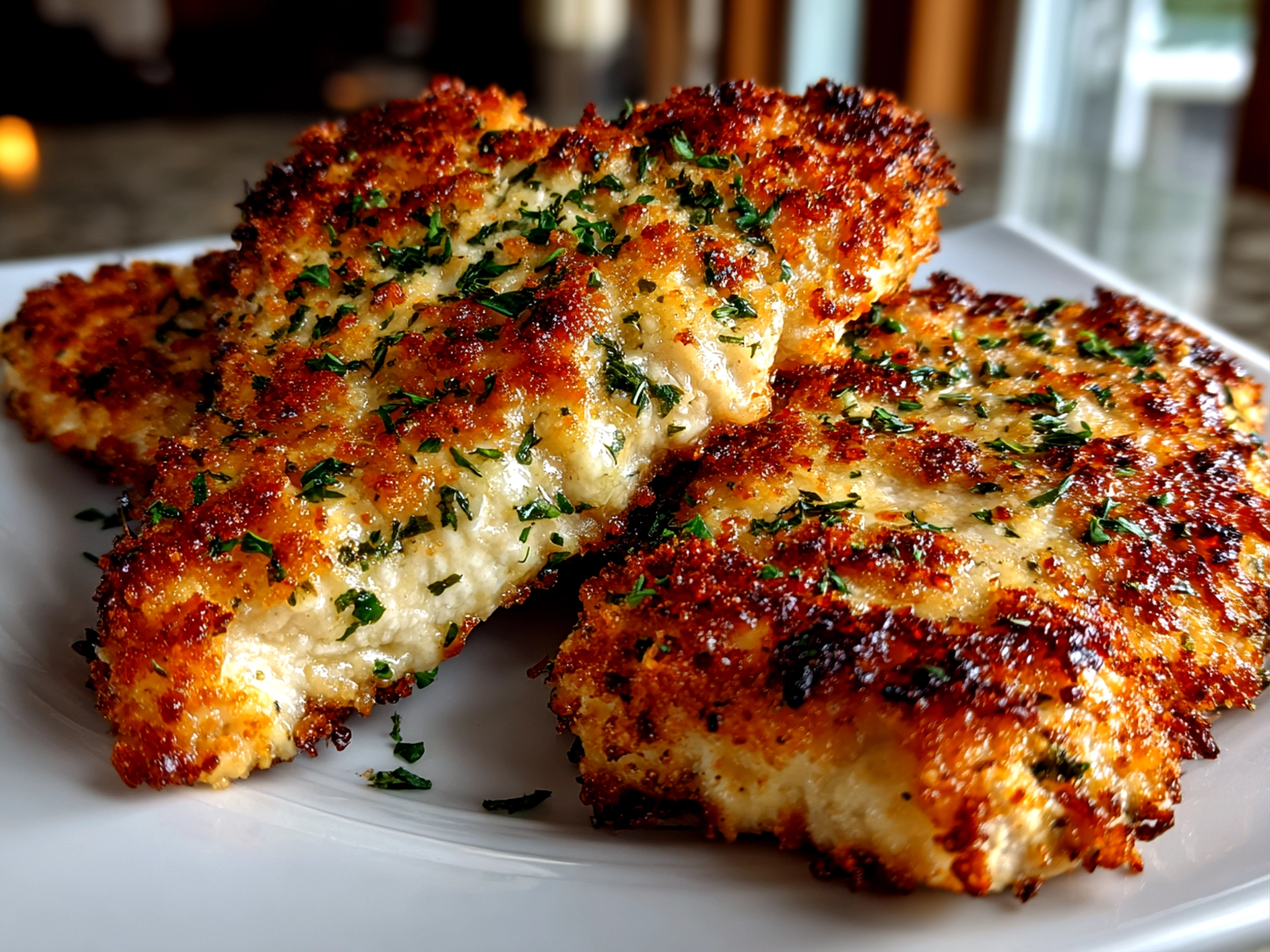 Freshly prepared Parmesan crusted chicken sheet pan on white plate