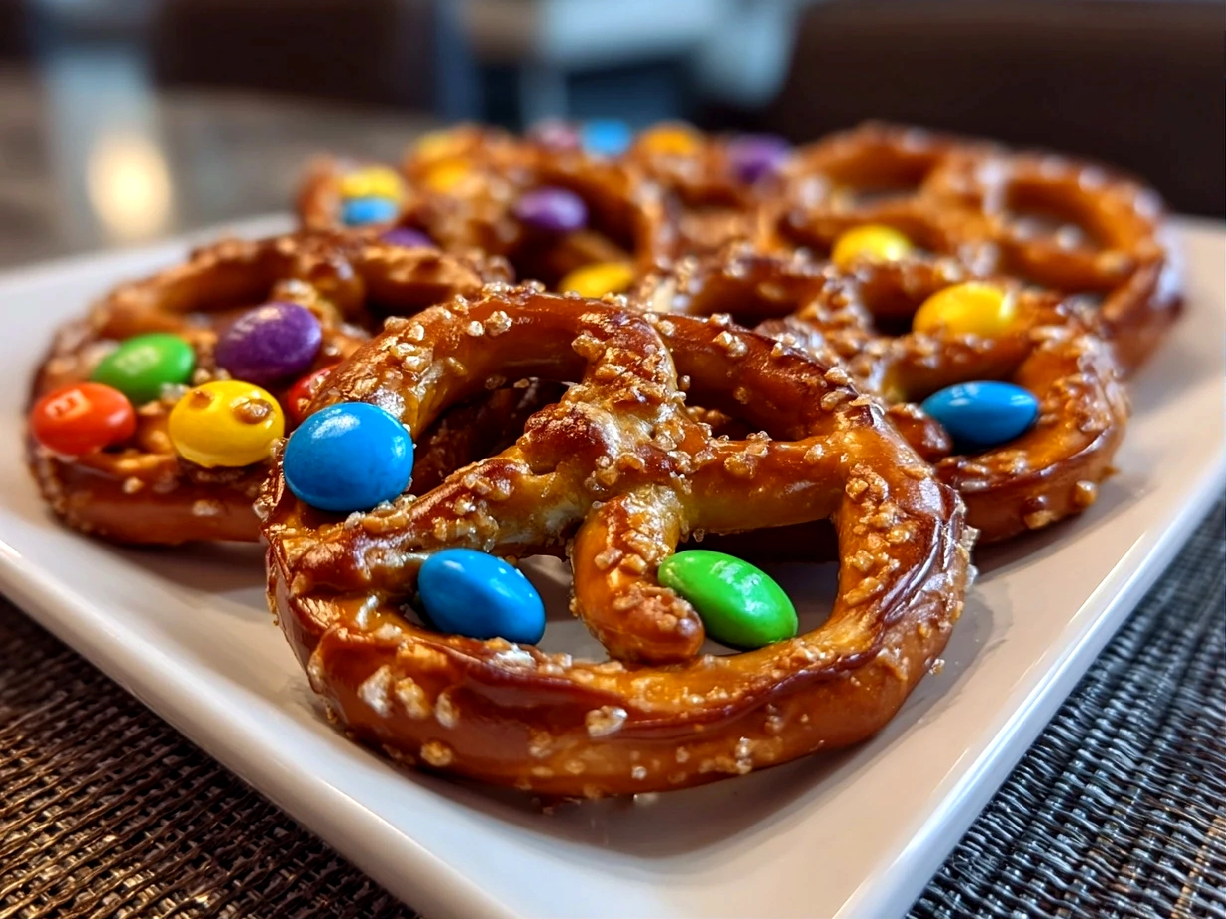 Freshly prepared Rolo Pretzels with MM candies on white plate