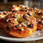 Freshly prepared sourdough blueberry bagels on white plate