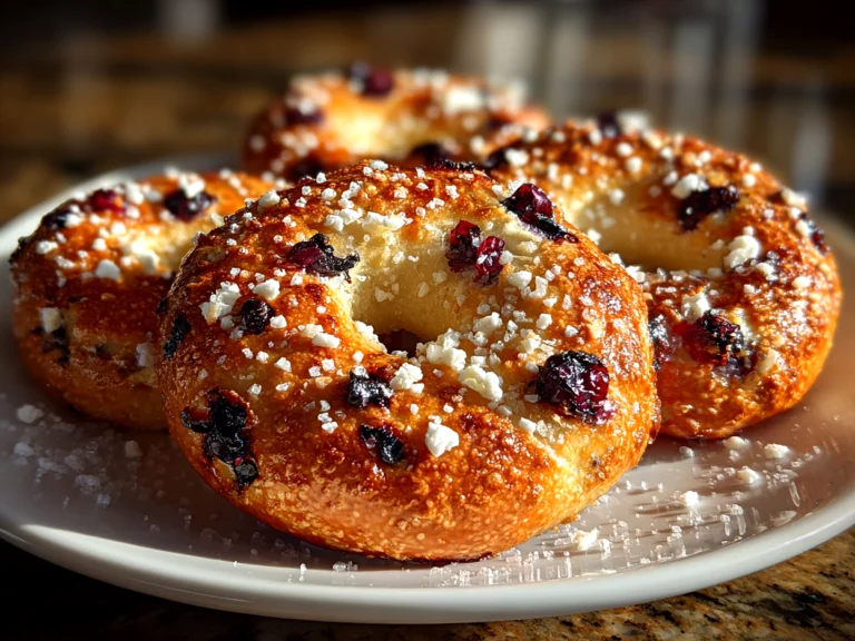 Freshly prepared sourdough blueberry bagels on white plate