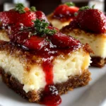 Freshly prepared Strawberry Cheesecake Bars on white plate