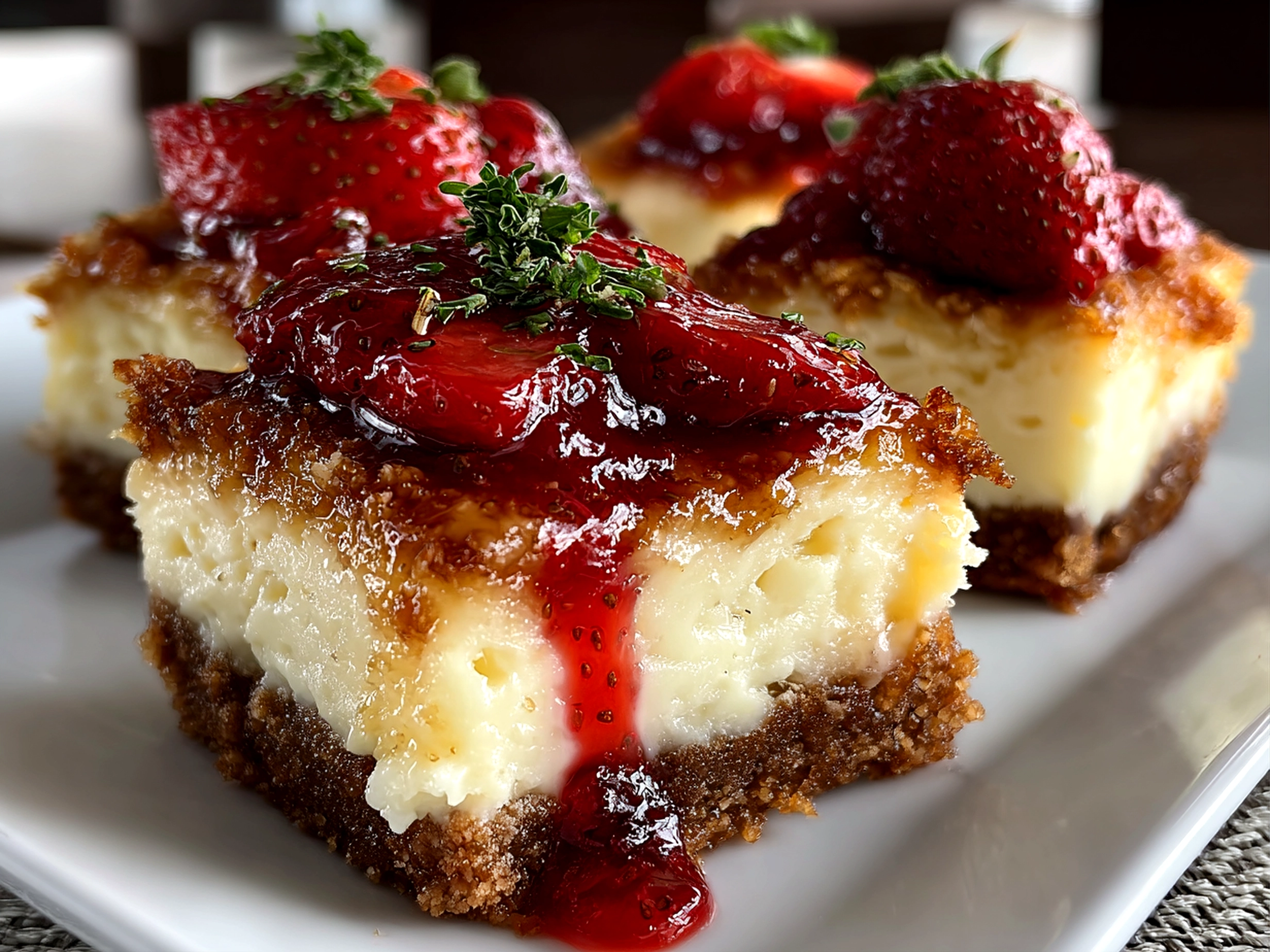 Freshly prepared Strawberry Cheesecake Bars on white plate