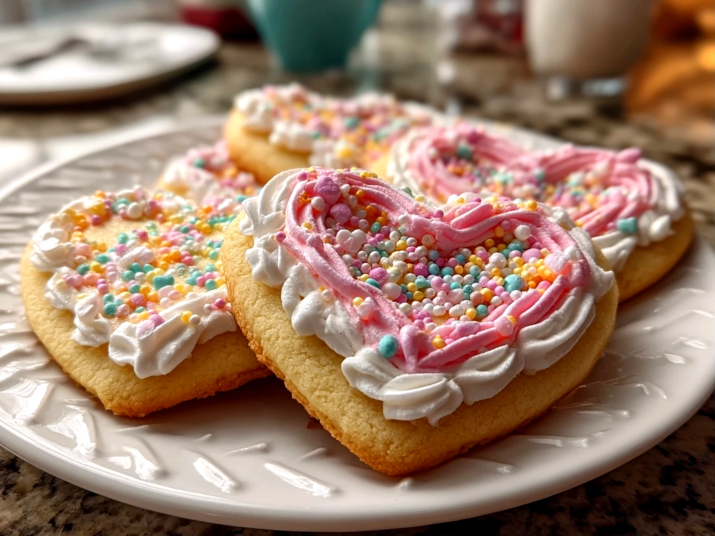 Freshly prepared Valentines Day Sugar Cookies on white plate