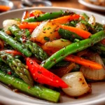 Freshly prepared Vegetable Stir Fry on white plate