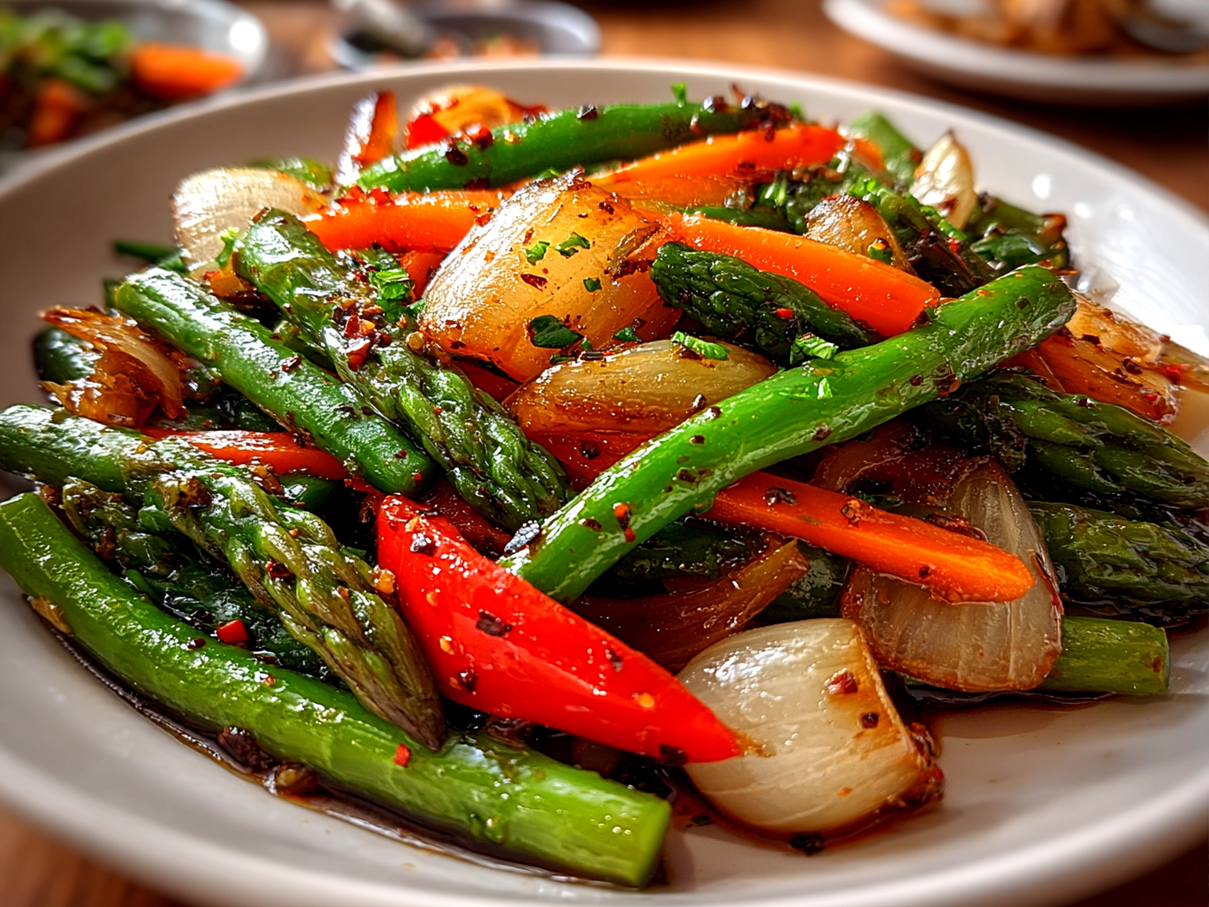 Freshly prepared Vegetable Stir Fry on white plate
