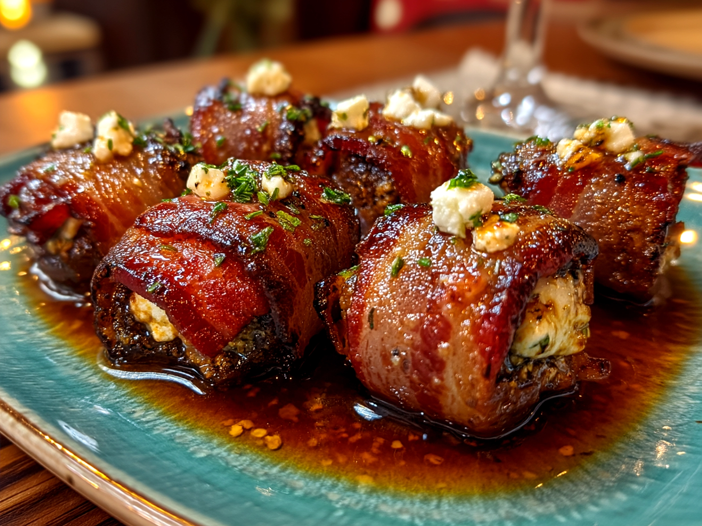 Platter presentation of Goat Cheese Stuffed Bacon Wrapped Dates garnished with fresh herbs.