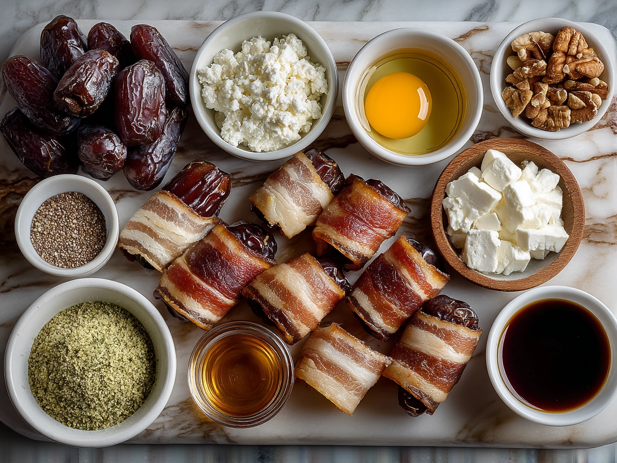 Ingredients for Goat Cheese Stuffed Bacon Wrapped Dates including dates, goat cheese, bacon, pecans, and herbs.