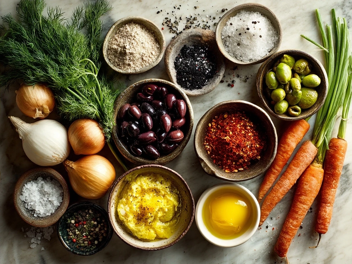 Ingredients for Greek Healing Soup displayed in bowls and spoons on a wooden table