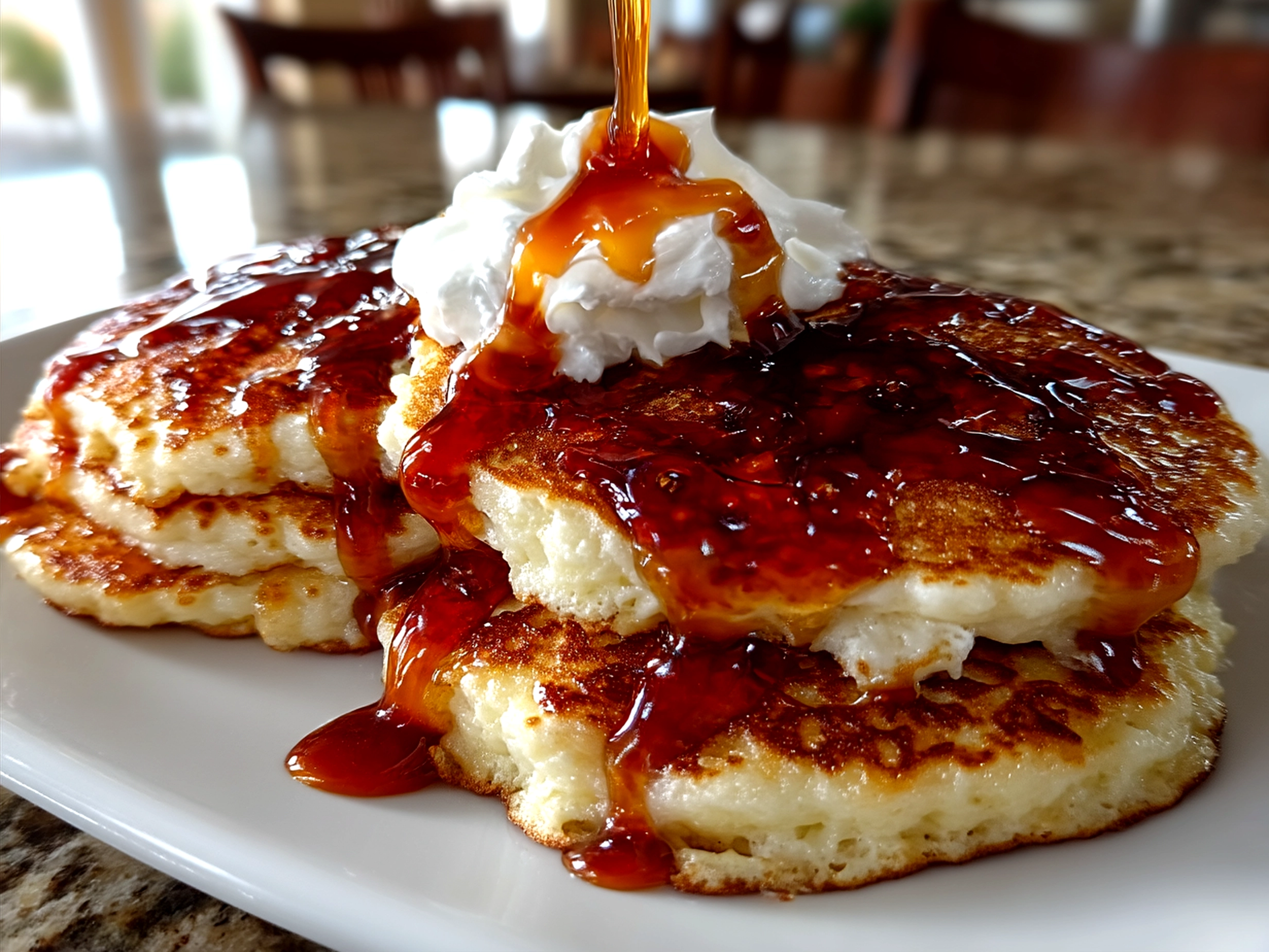 A stack of golden fluffy Greek Yogurt Pancakes served on a white plate with syrup and berries