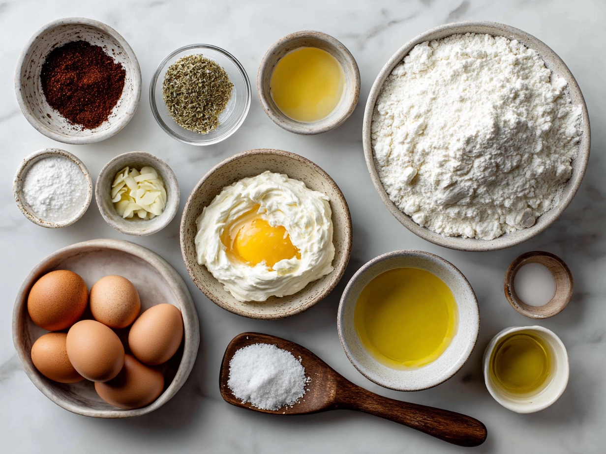Ingredients for Greek Yogurt Pancakes laid out on a kitchen surface