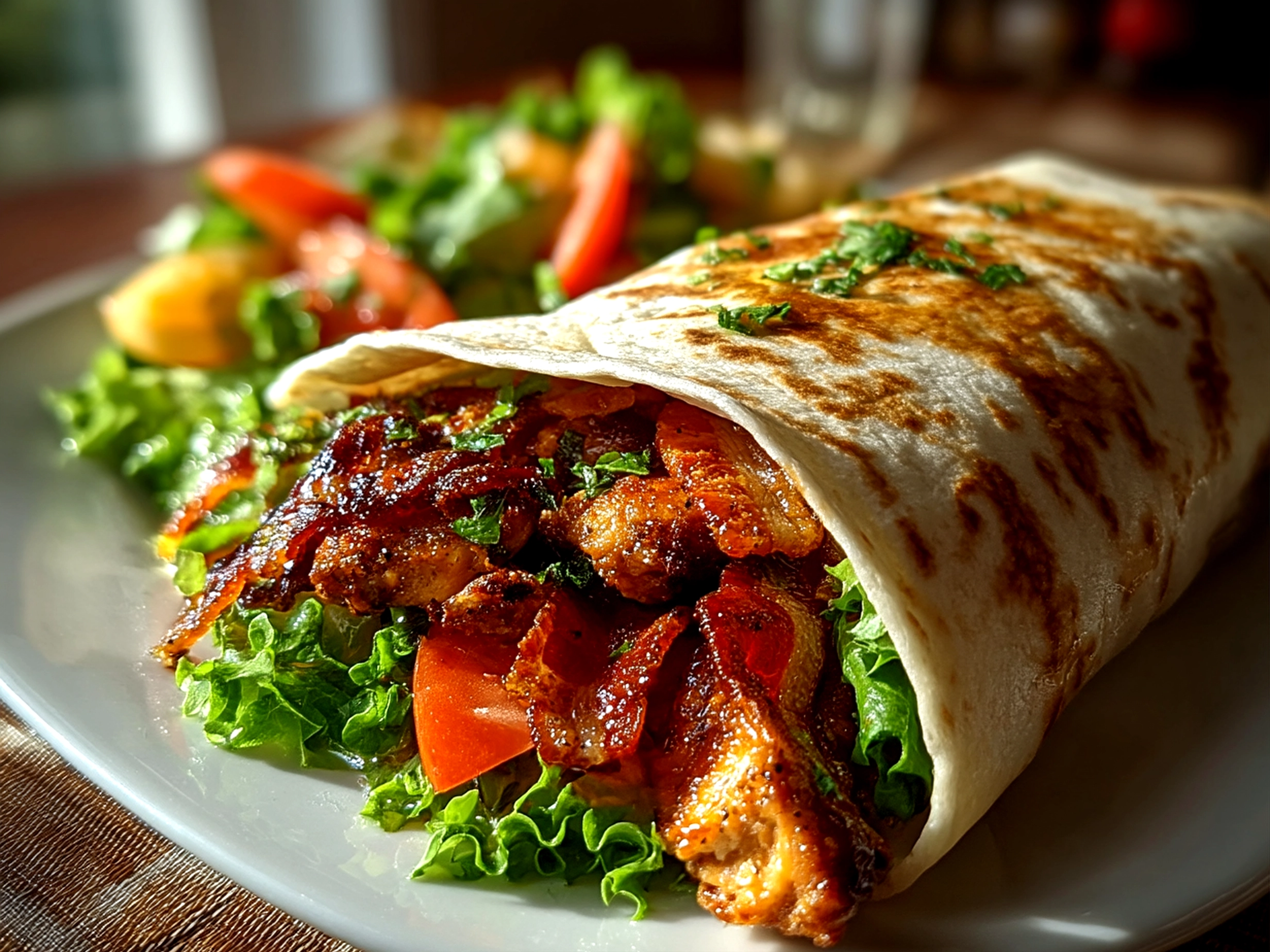 Close up finished delicious Chicken Bacon Wrap served fresh and vibrant
