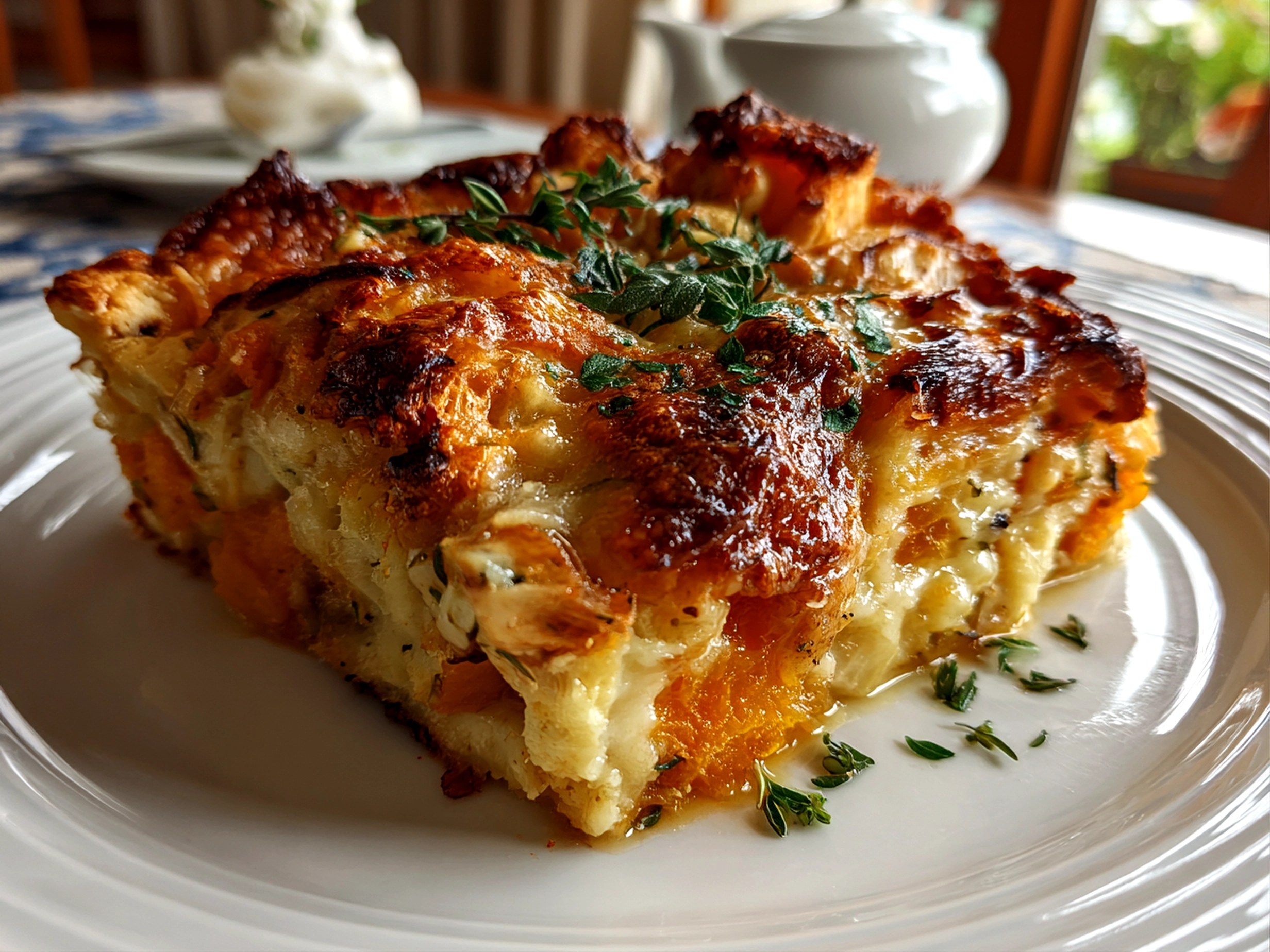 Home Cook, taken with iPhone 14 Pro. Close-up slight angle of comforting chicken leek and butternut squash bake on white plate. Warm appetizing --ar 4:3 --style raw --s 245