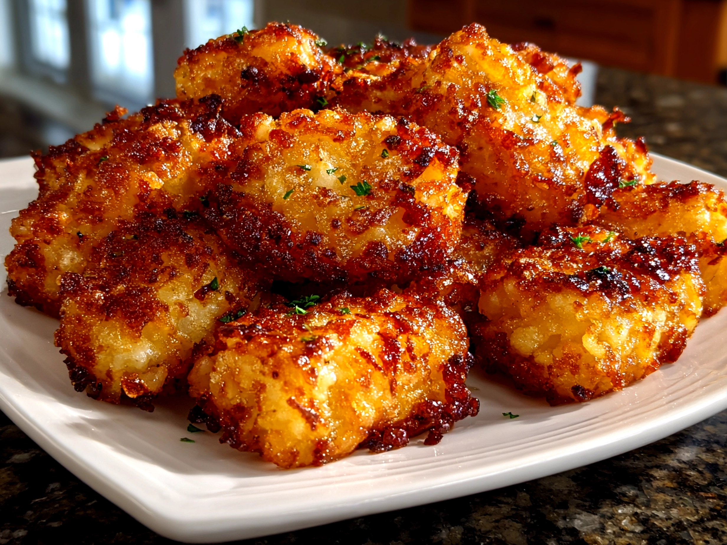 Home cook, taken with iPhone 14. Close-up slight angle of delicious crispy tater tots on white plate. Mouthwatering --ar 4:3 --style raw --s 245