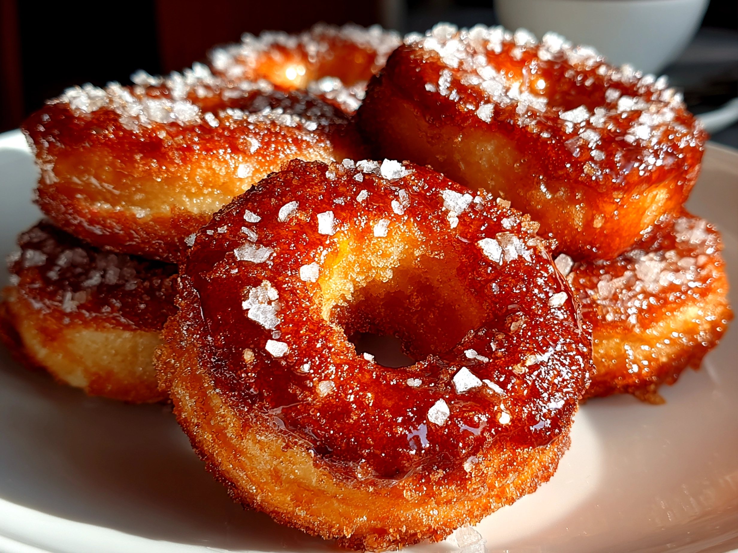 Home-cook, taken with iPhone 14. Close-up slight angle of delicious sourdough discard sugar donuts on white plate. Mouthwatering --ar 4:3 --style raw --s 250
