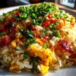 Home cook, taken with iPhone 14. Close-up slight angle of freshly prepared Bang Bang Fried Rice on white plate. Mouthwatering finish --ar 4:3 --style raw --s 240