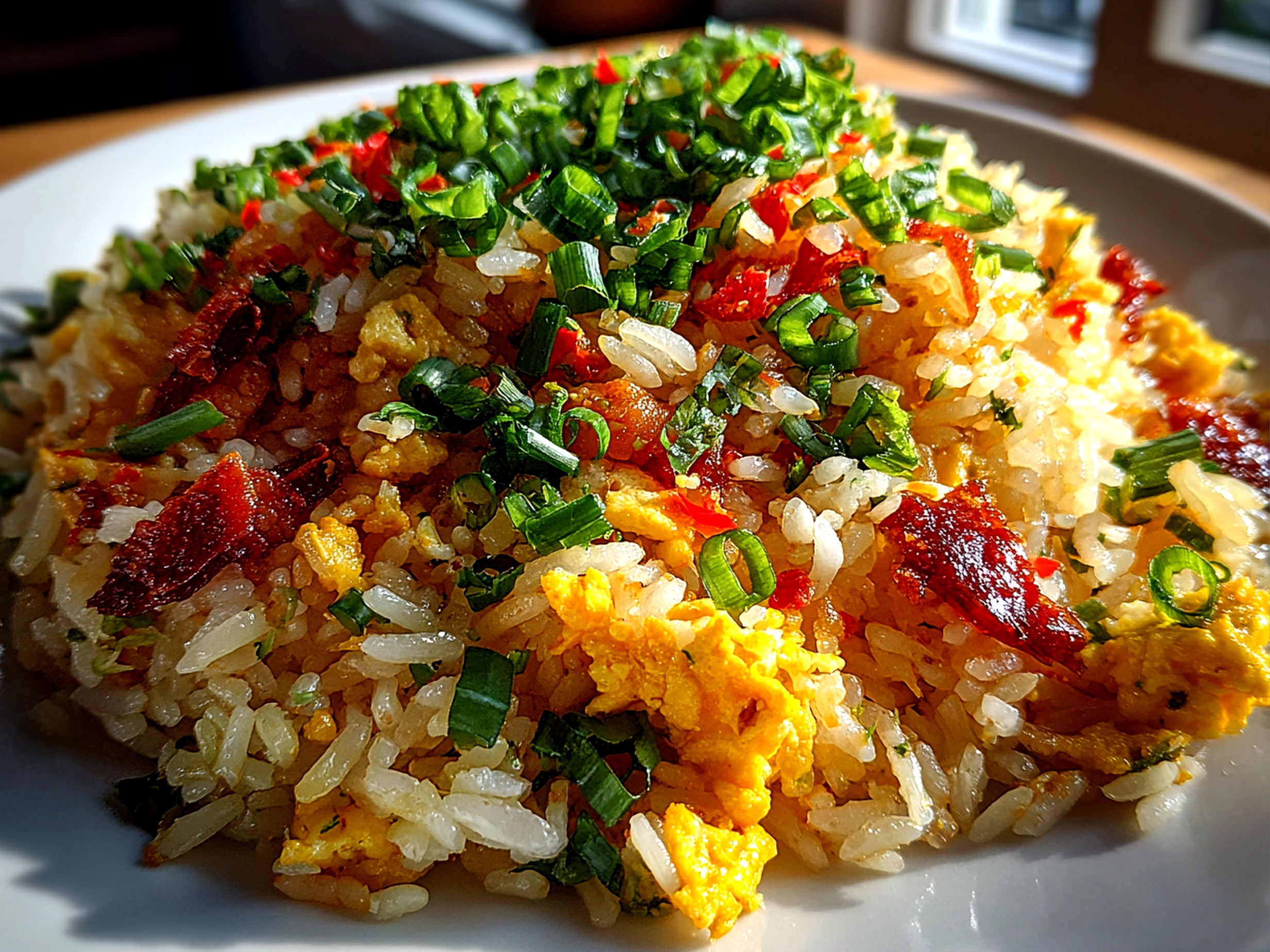 Home cook, taken with iPhone 14. Close-up slight angle of freshly prepared Bang Bang Fried Rice on white plate. Mouthwatering finish --ar 4:3 --style raw --s 240