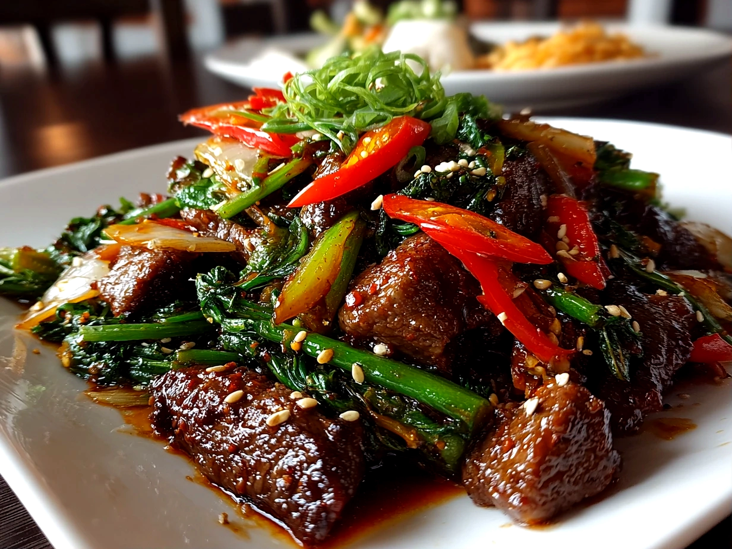 Home cook, taken with iPhone 14. Close-up slight angle of freshly prepared beef stir fry on white plate. Mouthwatering finish --ar 4:3 --style raw --s 260