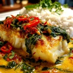 Home Cook, taken with iPhone 15 Pro. Close-up slight angle of comforting Coconut Curry Baked Cod on white plate. Mouthwatering --ar 4:3 --style raw --s 240