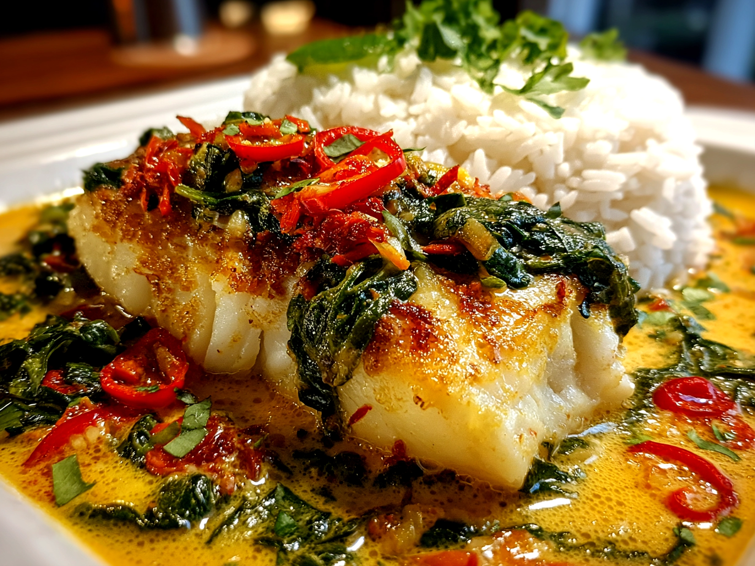 Home Cook, taken with iPhone 15 Pro. Close-up slight angle of comforting Coconut Curry Baked Cod on white plate. Mouthwatering --ar 4:3 --style raw --s 240