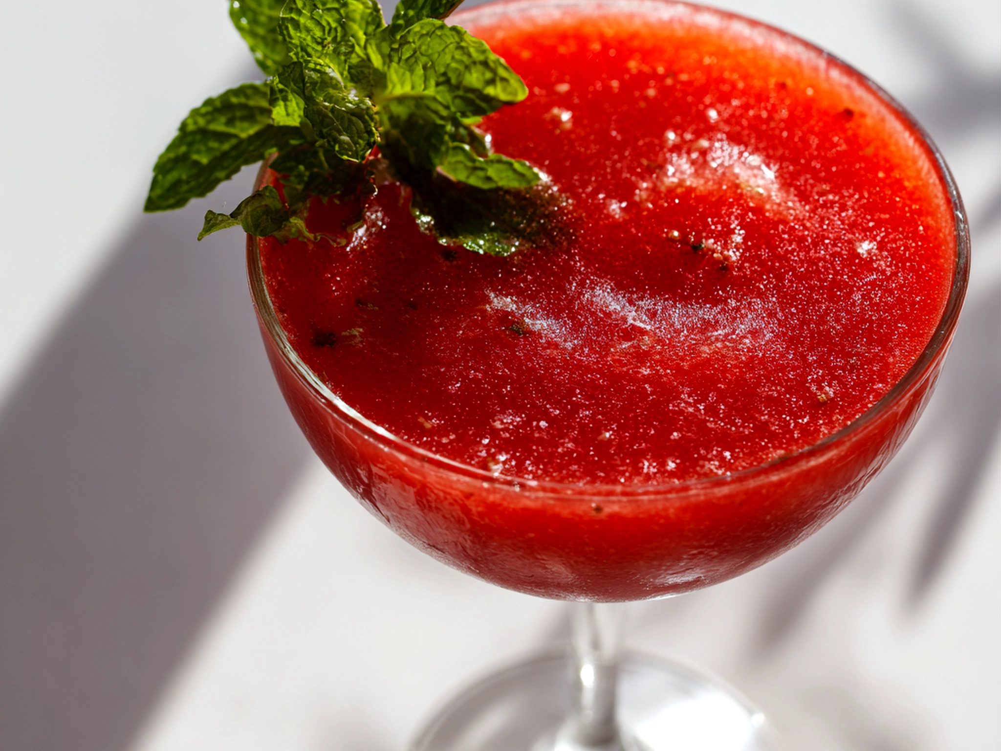 home cook, taken with iPhone 15 Pro. Close-up slight angle of freshly prepared Strawberry Daiquiri on white plate. fresh vibrant --ar 4:3 --style raw --s 240