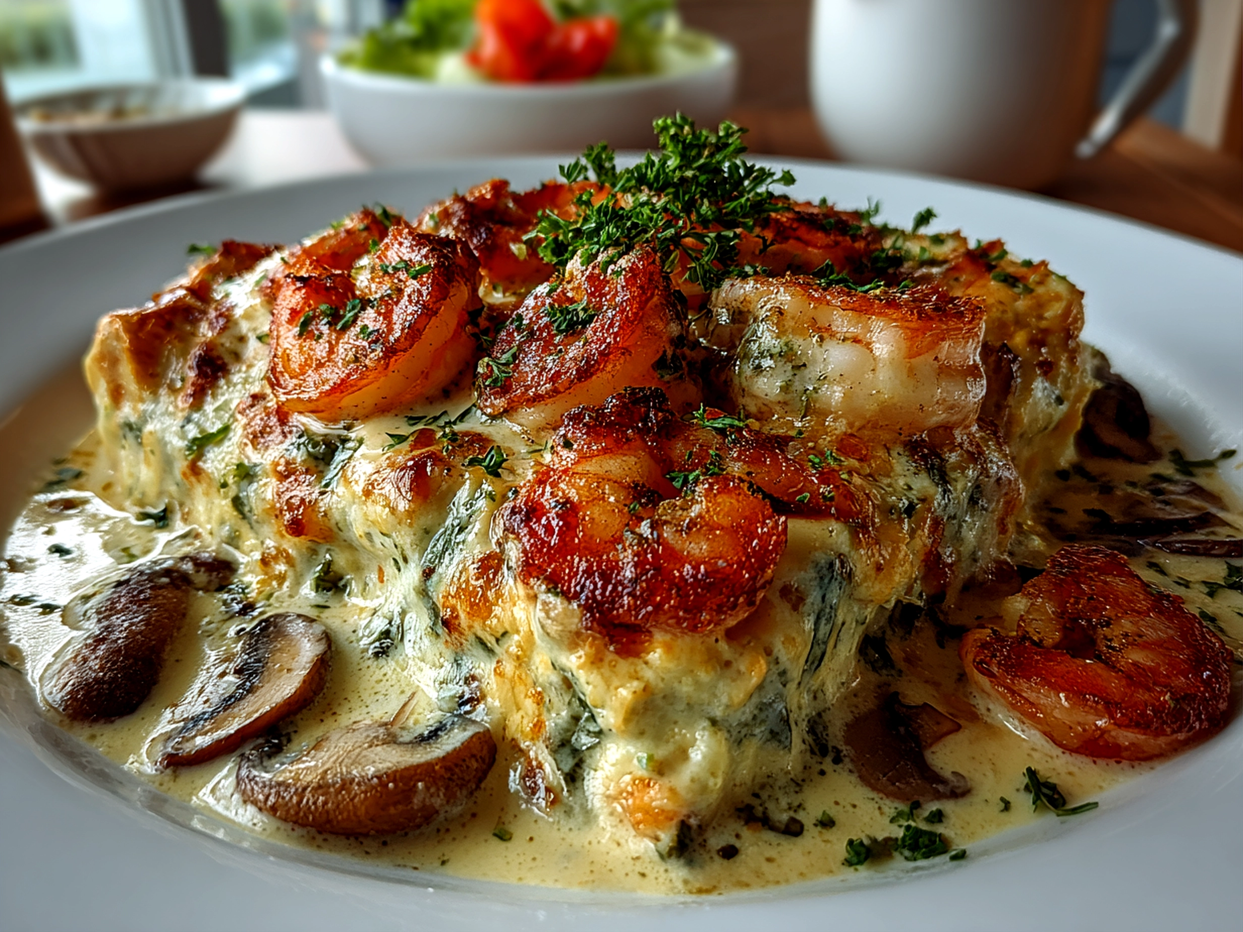 Homemade creamy shrimp casserole close-up