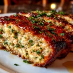 Homemade Garlic Parmesan Chicken Meatloaf close-up with rich inviting finish
