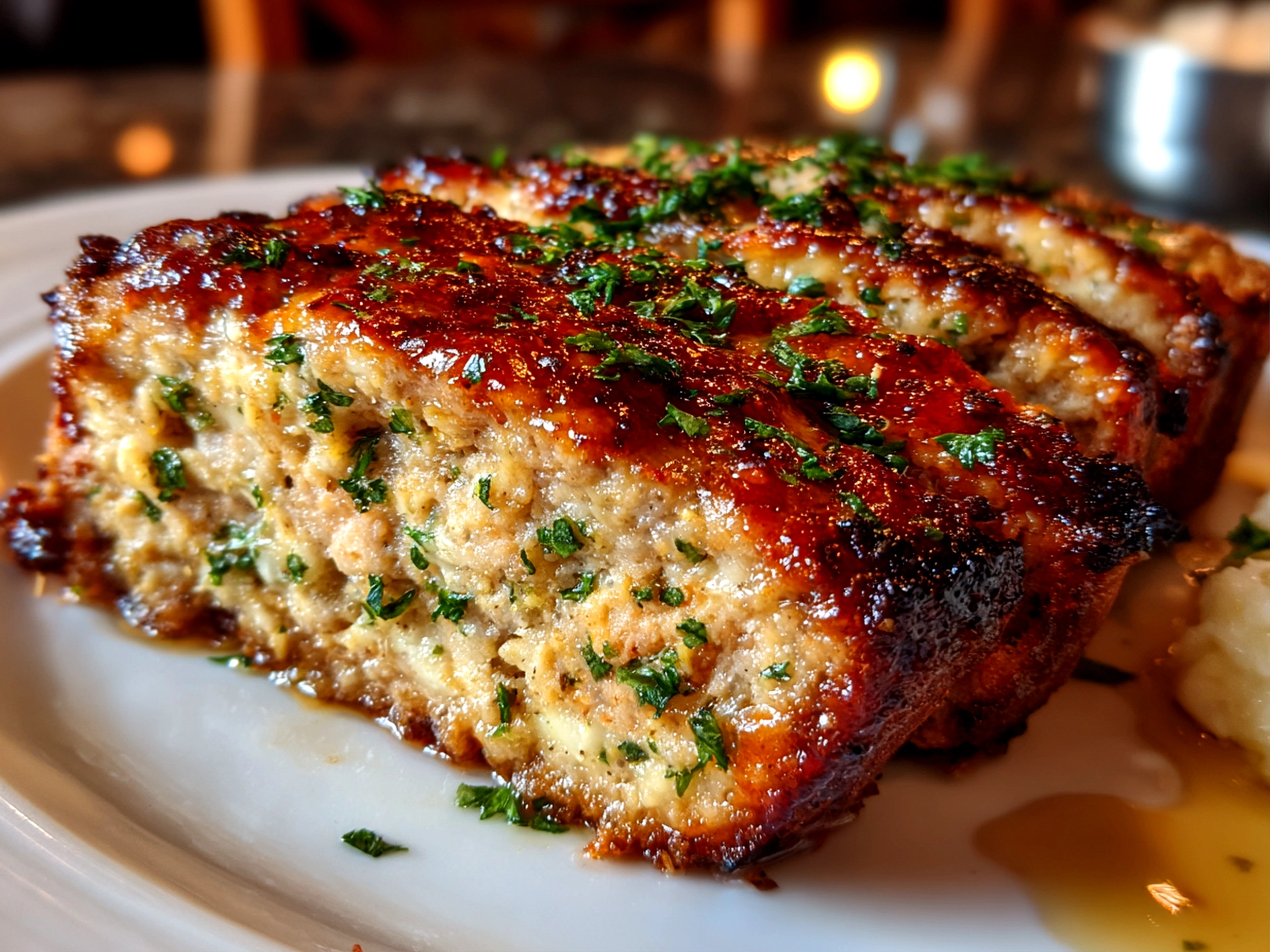 Homemade Garlic Parmesan Chicken Meatloaf close-up with rich inviting finish