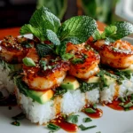 Homemade Spicy Shrimp Sushi Stacks Close-Up