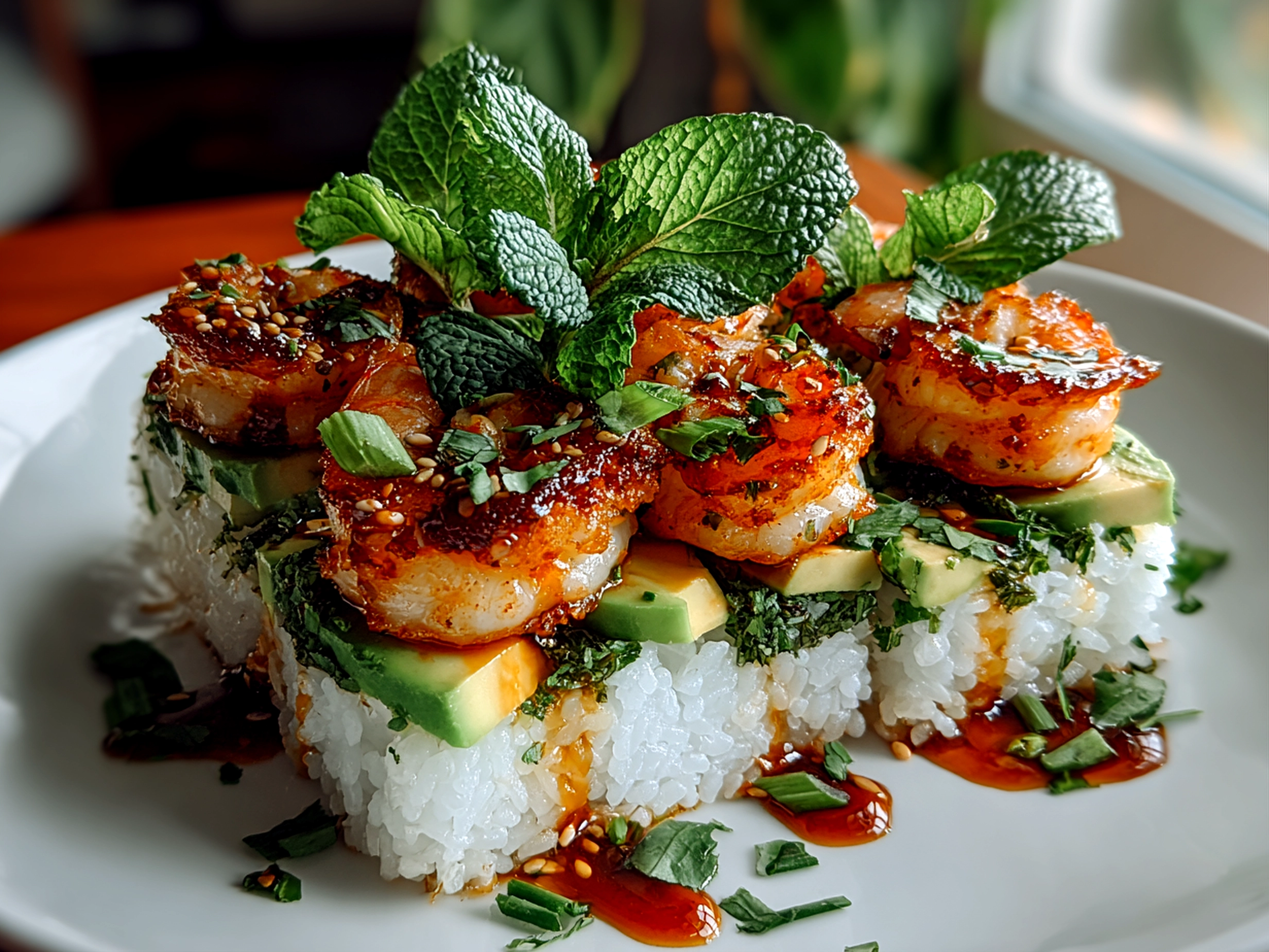 Homemade Spicy Shrimp Sushi Stacks Close-Up