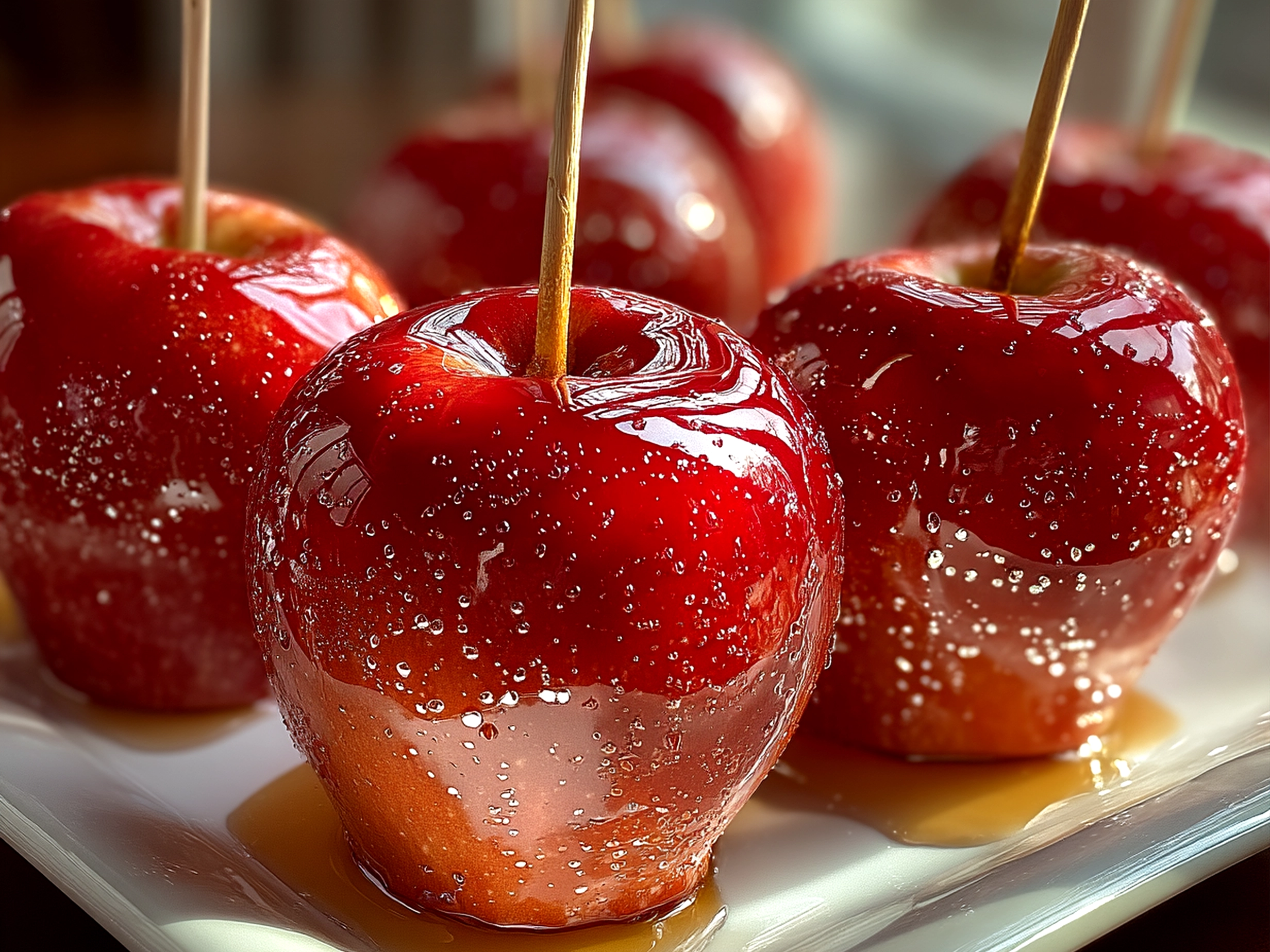 Glossy homemade candy apples served on a rustic wooden tray with toppings