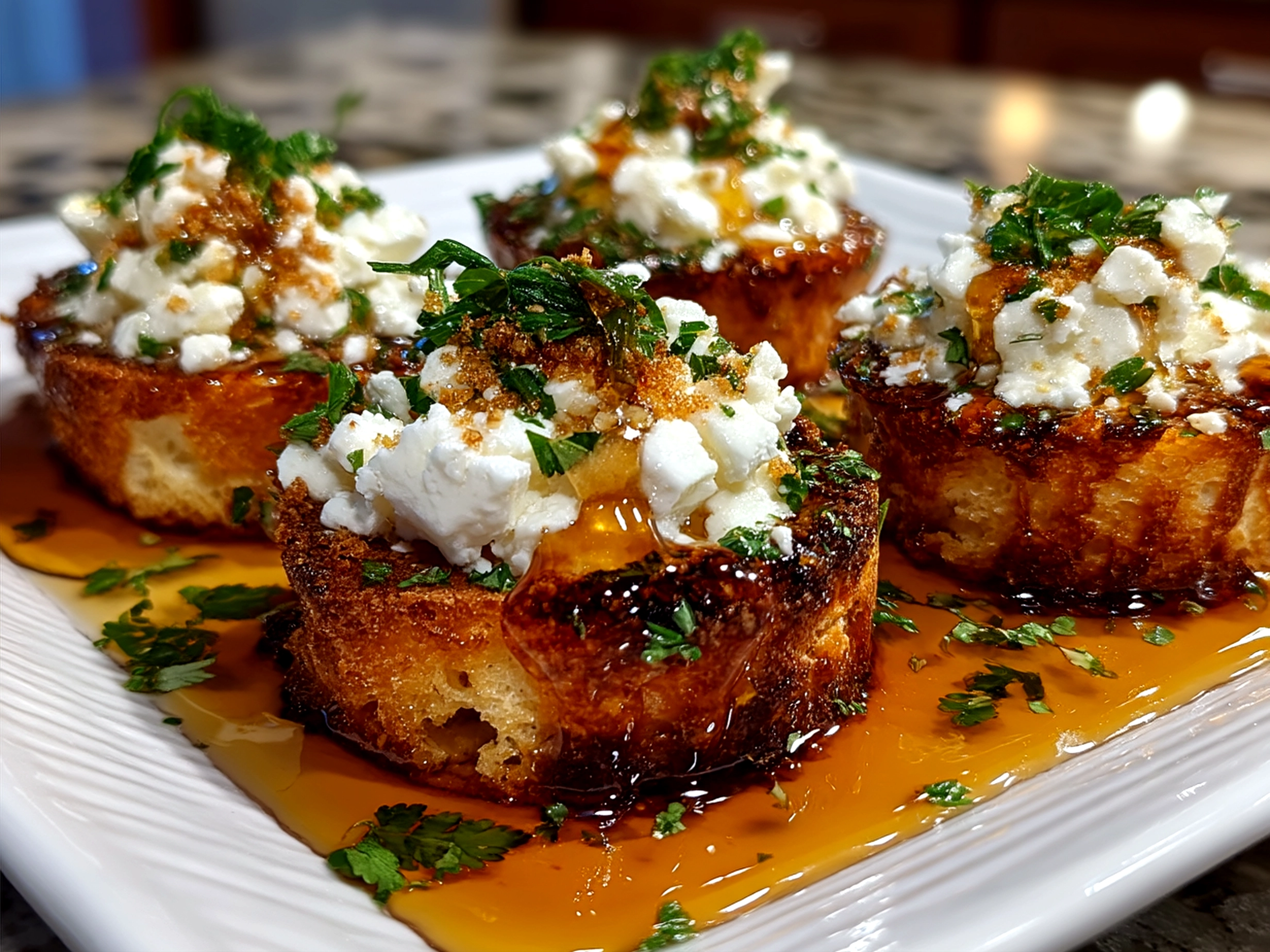 Plated Honey-Drizzled Goat Cheese Bites garnished with herbs and nuts