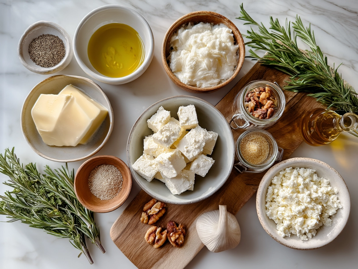 Ingredients for Honey-Drizzled Goat Cheese Bites including goat cheese, honey, nuts, and herbs